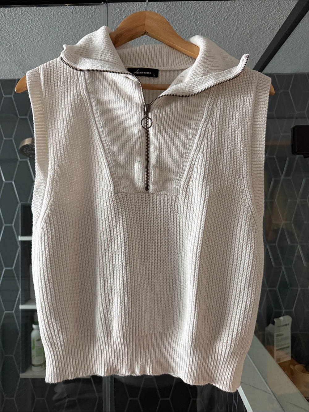 Olivaceous Cream Ribbed Knit Sweater Vest with Collar